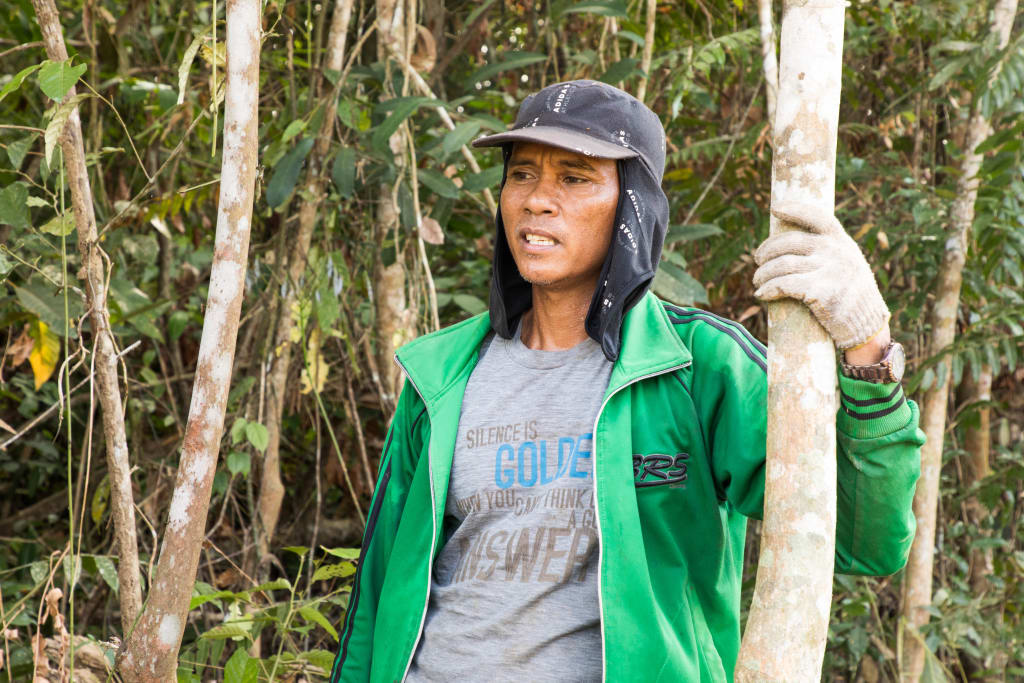 Feriyanto holds onto a tree and looks off into the distance wearing a green sweater and a hat.